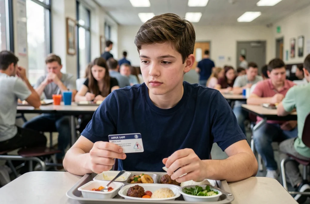 Adolescent allergique hésitant devant son plateau repas à la cantine scolaire