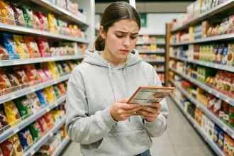 Adolescente lisant attentivement les étiquettes alimentaires dans un supermarché pour détecter les allergènes