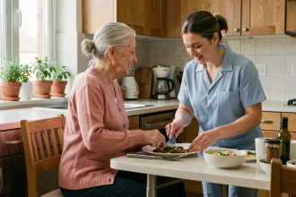 Auxiliaire de vie aidant une femme âgée dans sa cuisine adaptée pour le maintien à domicile