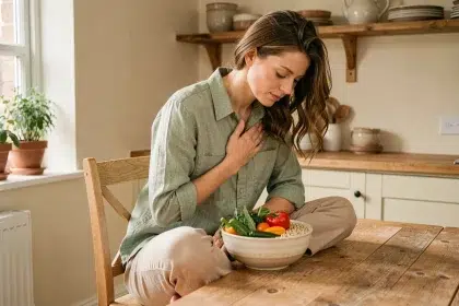 Femme pratiquant l'alimentation intuitive en écoutant ses sensations corporelles autour d'un repas sain et coloré dans une cuisine naturelle