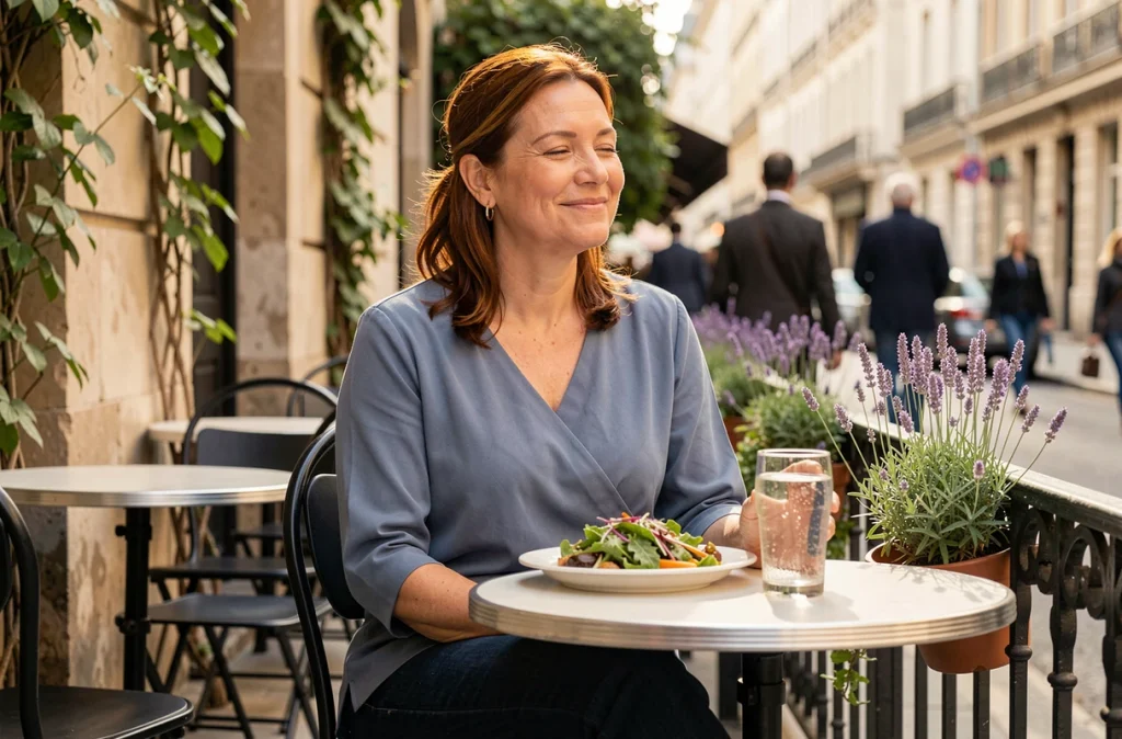 Femme savourant un repas sain en pleine conscience sur une terrasse de café à Paris, illustrant l'approche intuitive de l'alimentation