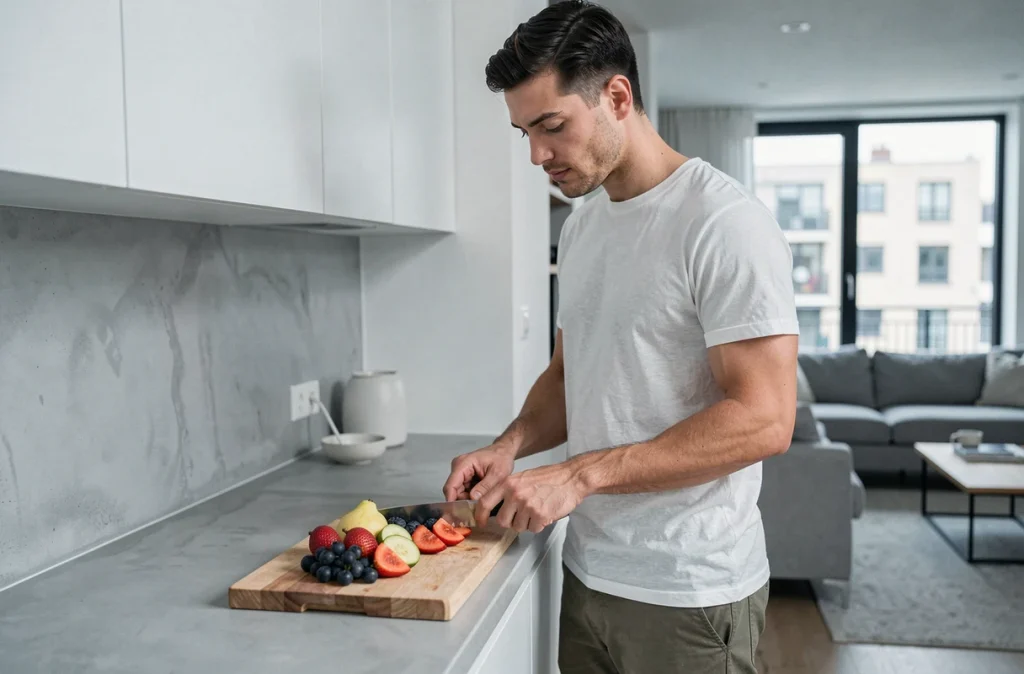 Homme préparant des fruits frais de manière intuitive et attentive dans une cuisine moderne et minimaliste