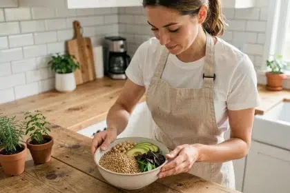 Femme préparant un bol riche en fibres avec légumineuses et légumes verts dans une cuisine moderne