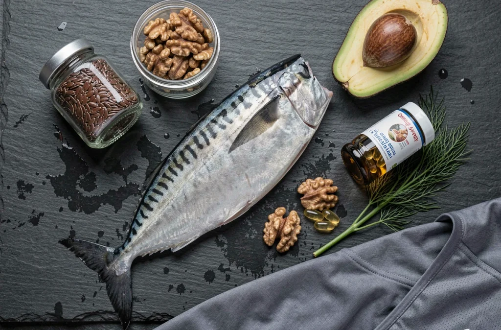 Vue aérienne d'aliments riches en oméga 3 pour sportifs incluant maquereau, noix, graines de lin et capsules d'huile de poisson sur ardoise