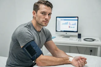 Athlète masculin en cabinet médical sportif après une prise de sang pour contrôle d'hématocrite