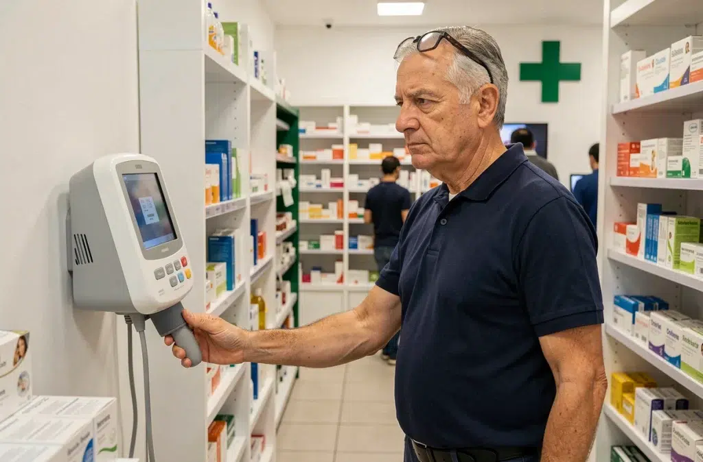 Homme d'âge mûr utilisant un tensiomètre en libre-service dans une pharmacie française