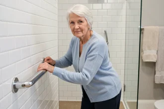 Femme âgée s'appuyant sur une barre d'appui installée dans une salle de bain adaptée pour prévenir les chutes