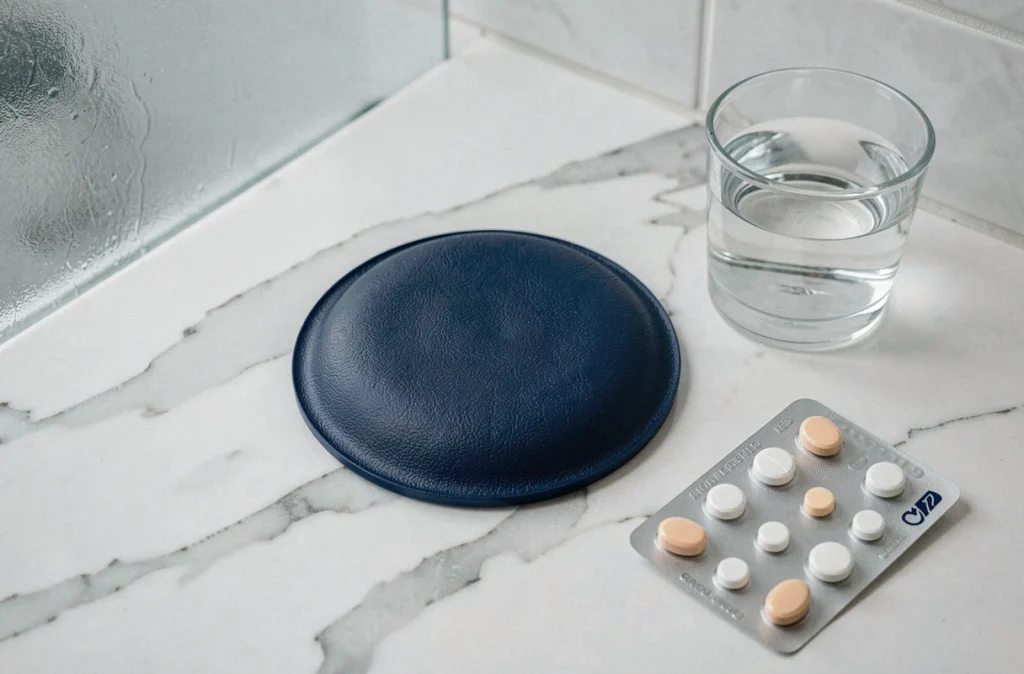 Bonnet anti-migraine gel bleu posé sur marbre blanc avec verre d'eau et comprimés, produit pharmacie