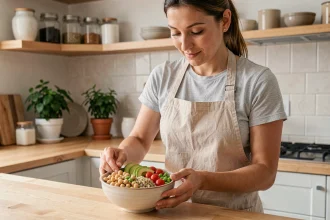 Femme préparant un Buddha bowl végétalien riche en protéines végétales pour un repas minceur équilibré