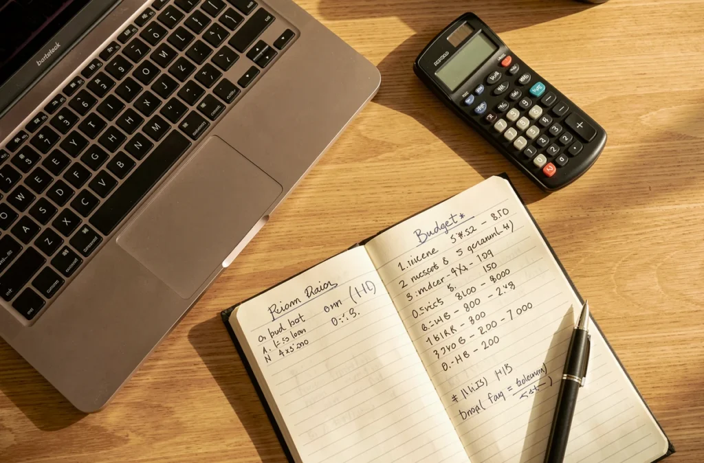 Bureau avec ordinateur, carnet de calculs et calculatrice pour budgéter une formation