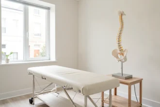 Cabinet de soins lumineux avec table de traitement et modèle de colonne vertébrale