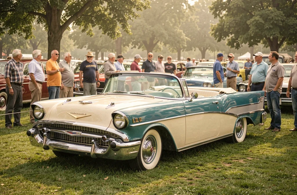 Cabriolet de collection des années 1950 exposé lors d'un rassemblement de voitures anciennes en plein air, entouré d'amateurs de véhicules historiques