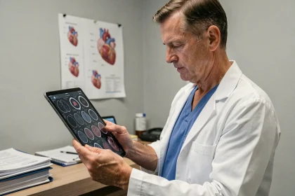 Cardiologue en blouse blanche consultant des images médicales cardiaques sur une tablette dans une salle de consultation hospitalière