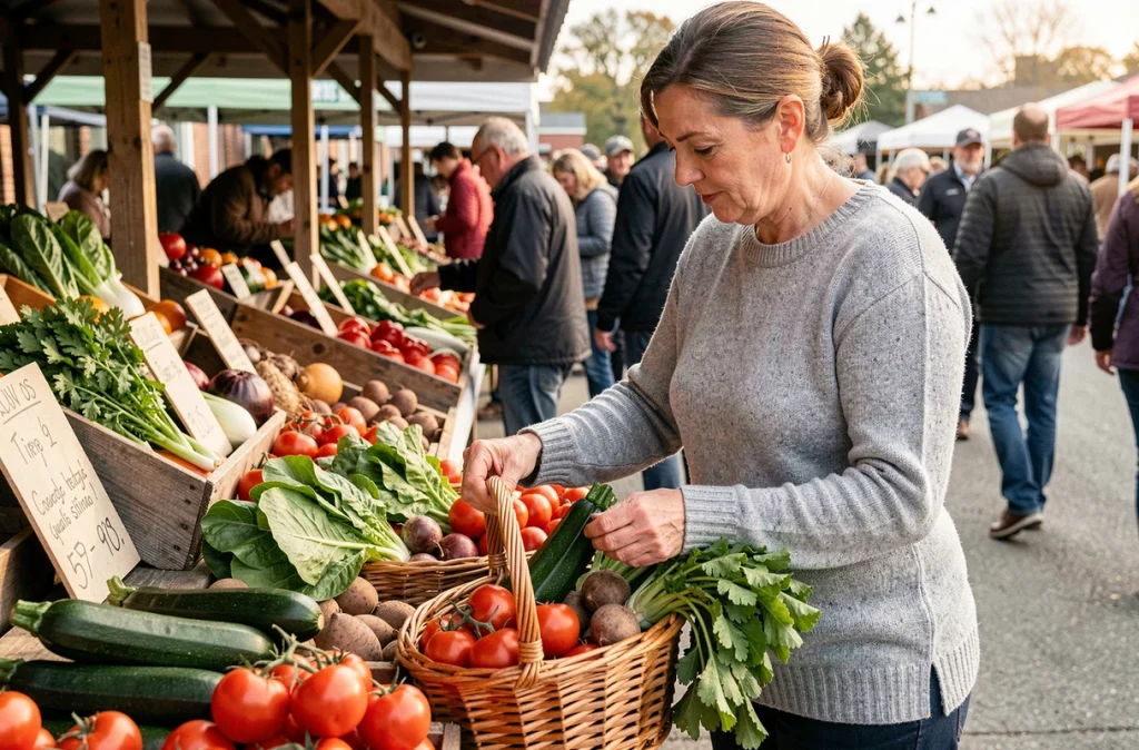 Femme choisissant des légumes frais au marché pour composer des repas équilibrés et favoriser la minceur