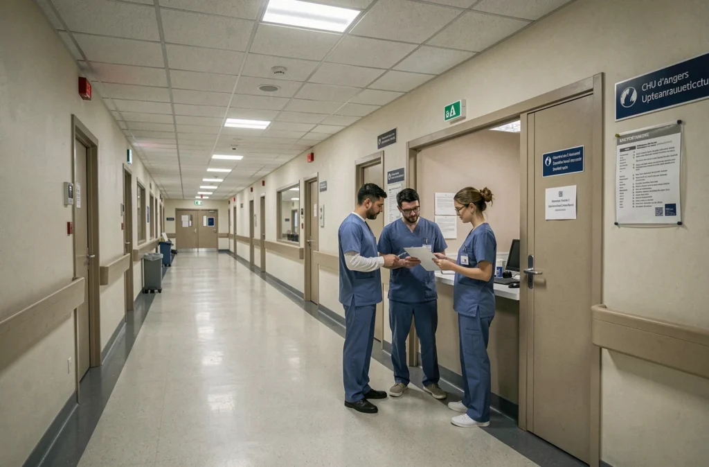Équipe du service d'ophtalmologie du CHU d'Angers dans le couloir du département hospitalier
