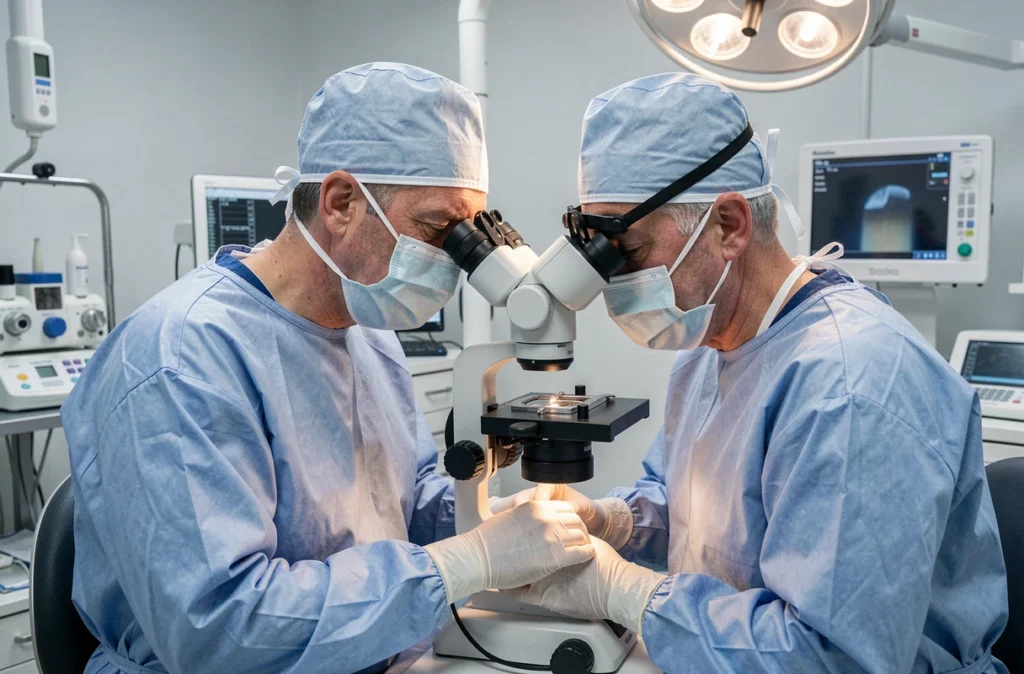 Chirurgien ophtalmologue au microscope opératoire dans le bloc du service d'ophtalmologie du CHU de Nantes