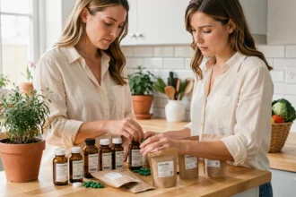 Femme arrangeant des compléments alimentaires bio sur un comptoir en bois dans une cuisine naturelle et lumineuse