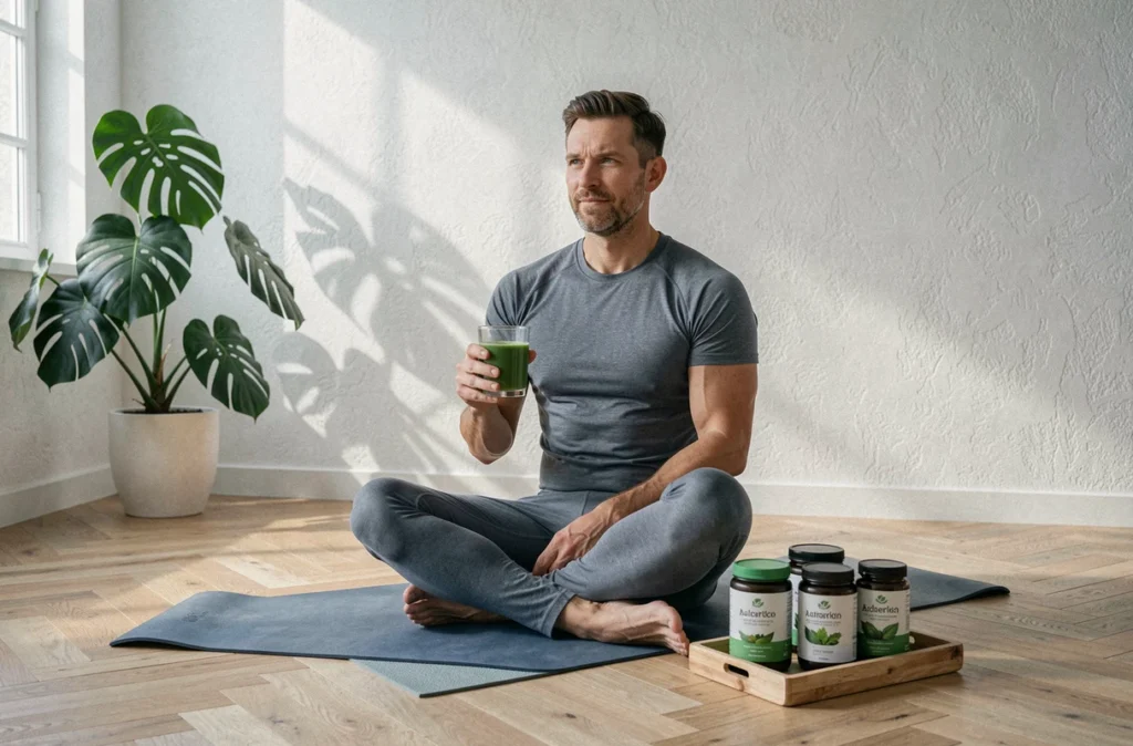Homme en tenue sportive tenant une boisson aux superaliments bio entouré de compléments alimentaires naturels dans un salon minimaliste