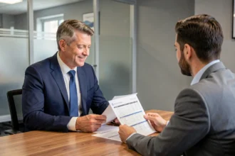 Conseiller bancaire et chef d'entreprise examinant un dossier de prêt garanti par l'État sur un bureau en bois dans une agence moderne