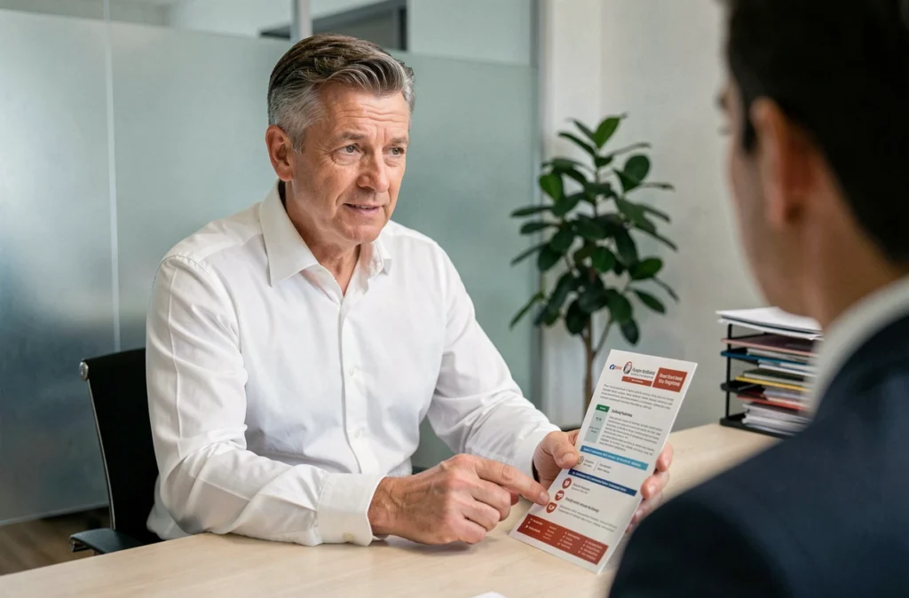 Conseiller en assurance présentant une offre de mutuelle santé économique à un client en bureau