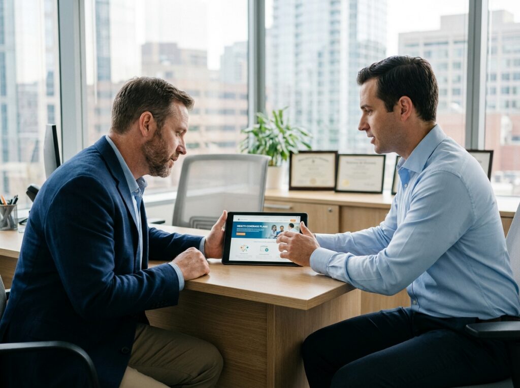 Homme consultant un conseiller en assurance santé dans un bureau professionnel pour optimiser sa mutuelle