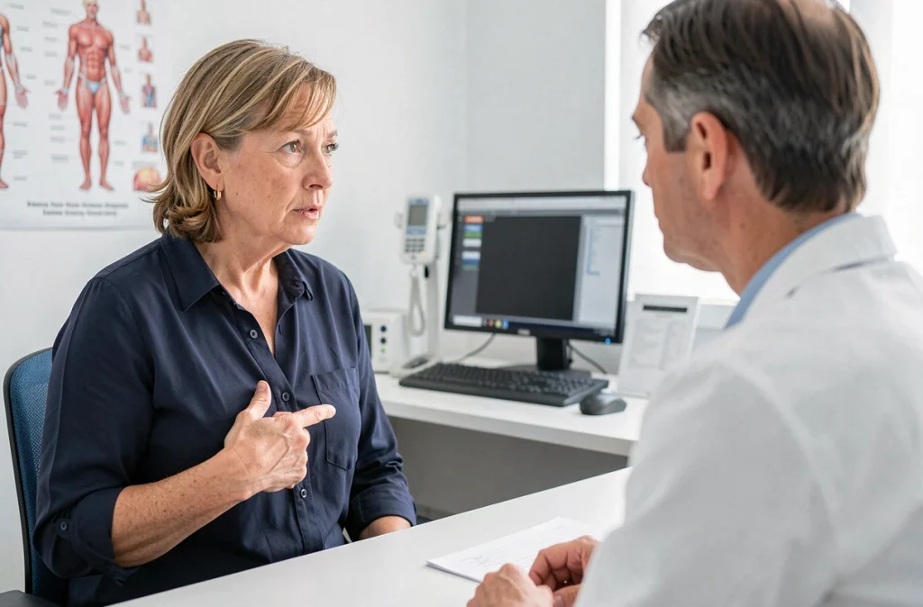 Patiente montrant une douleur sous les côtes droites à son médecin lors d'une consultation médicale