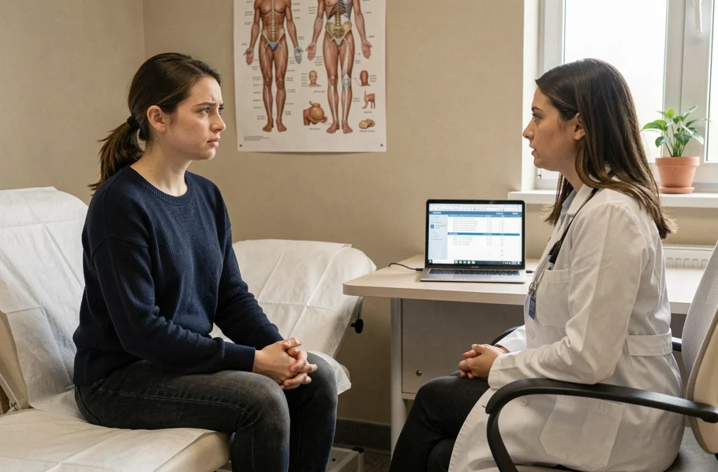 Jeune femme adulte en consultation médicale avec son médecin généraliste pour des infections urinaires à répétition, cadre clinique réaliste
