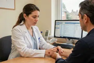 Médecin généraliste examinant une érythème migrant sur l'avant-bras d'un patient lors d'une consultation en cabinet rural pour maladie de Lyme