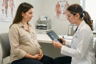 Femme enceinte en consultation prénatale avec sa gynécologue examinant une échographie sur tablette dans un cabinet médical moderne