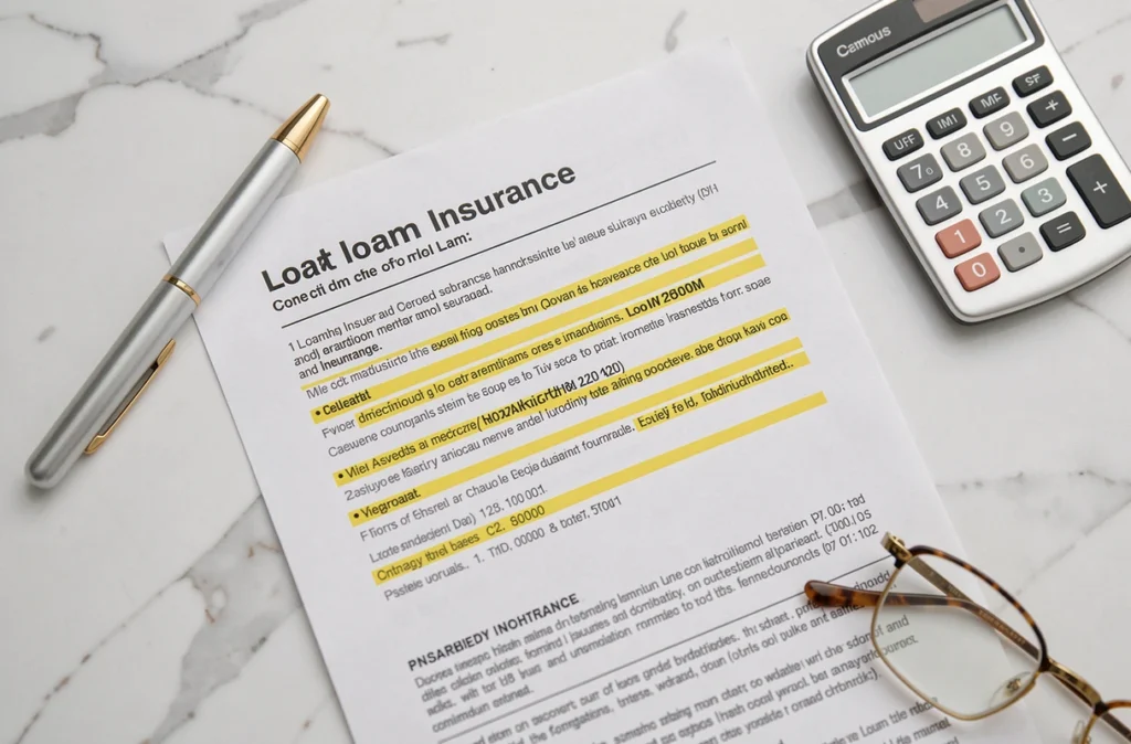 Vue en plongée d'un contrat d'assurance décès invalidité avec stylo, calculatrice et lunettes sur un bureau en marbre blanc