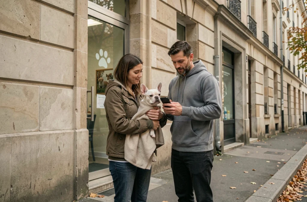 Couple devant une clinique vétérinaire tenant un bouledogue français, vérifiant leur assurance chien