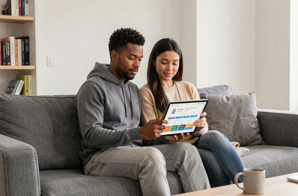Couple consultant un comparateur de mutuelles santé sur une tablette dans leur salon