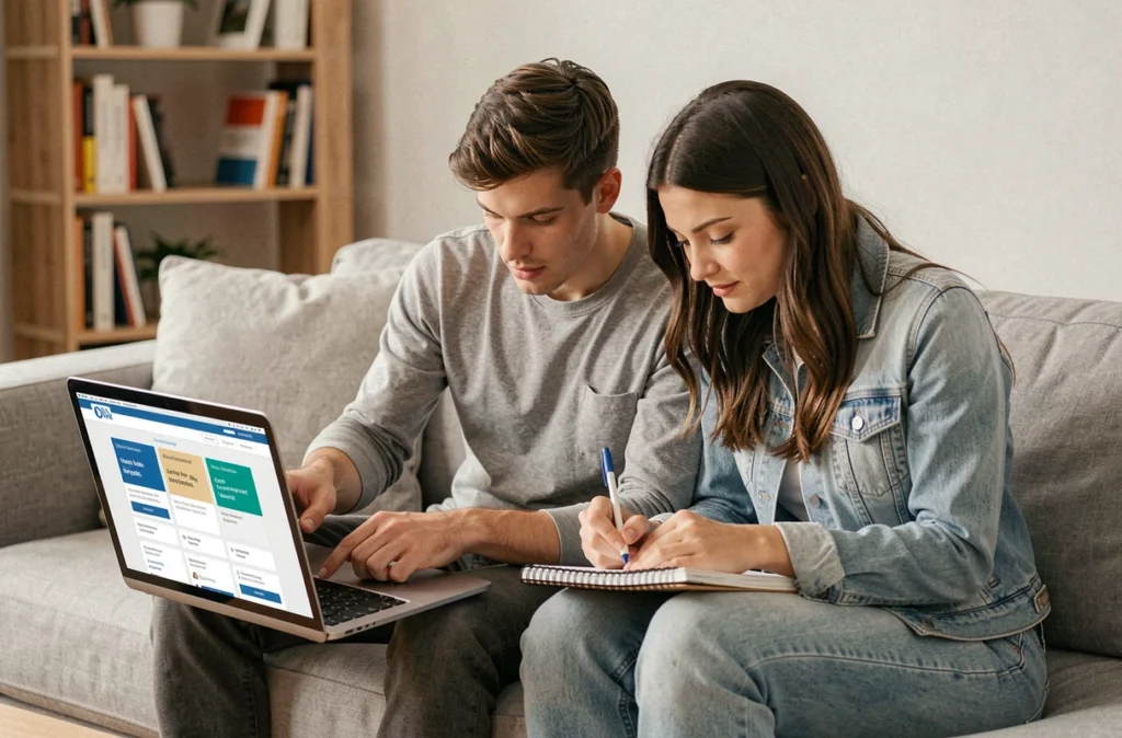 Couple de jeunes adultes comparant des offres de mutuelles santé en ligne sur un ordinateur portable à la maison