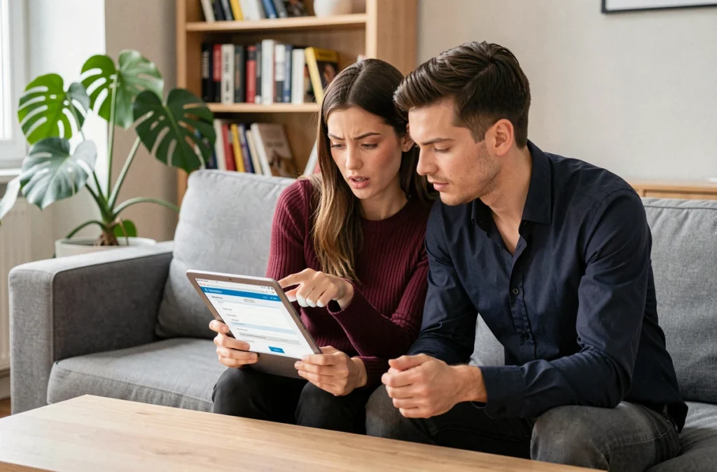 Jeune couple comparant des devis de mutuelle santé AG2R sur une tablette dans leur salon moderne