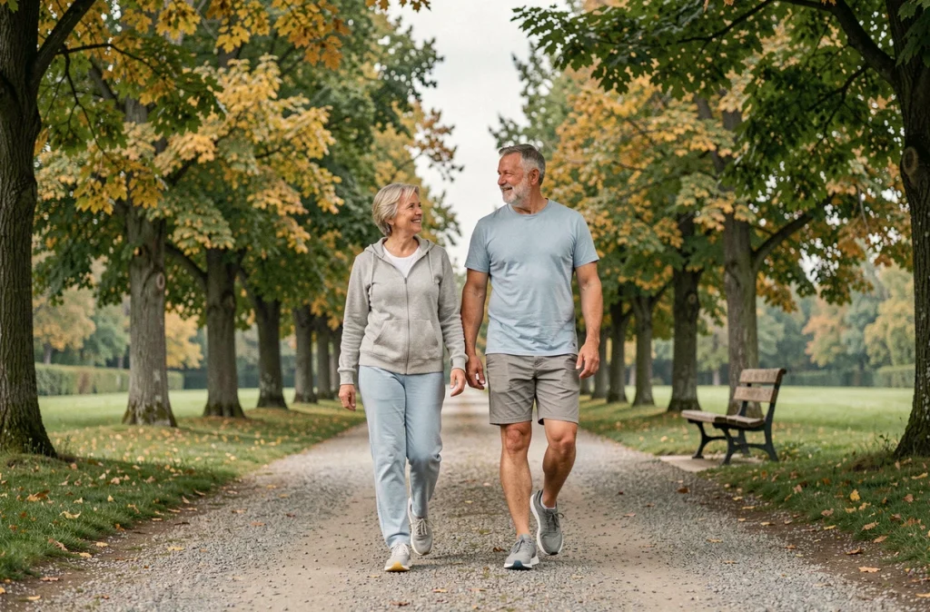 Couple de retraités marchant dans un parc le matin, activité physique douce favorisant un meilleur sommeil après la retraite