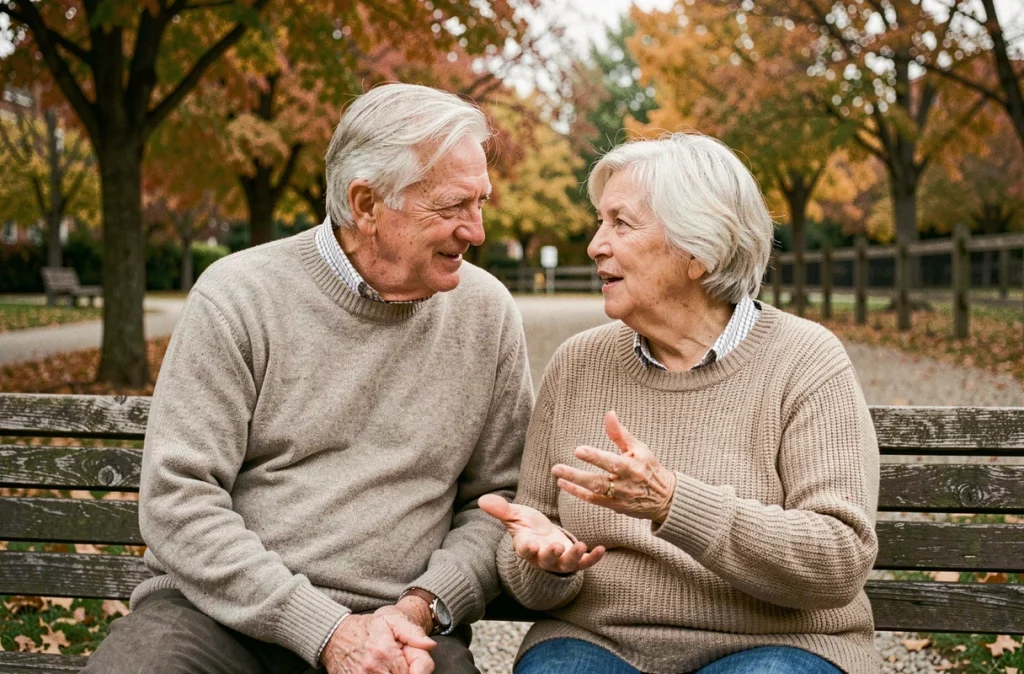Un couple de seniors en conversation dans un parc en automne, illustrant l'importance de la communication et du dépistage auditif après 65 ans