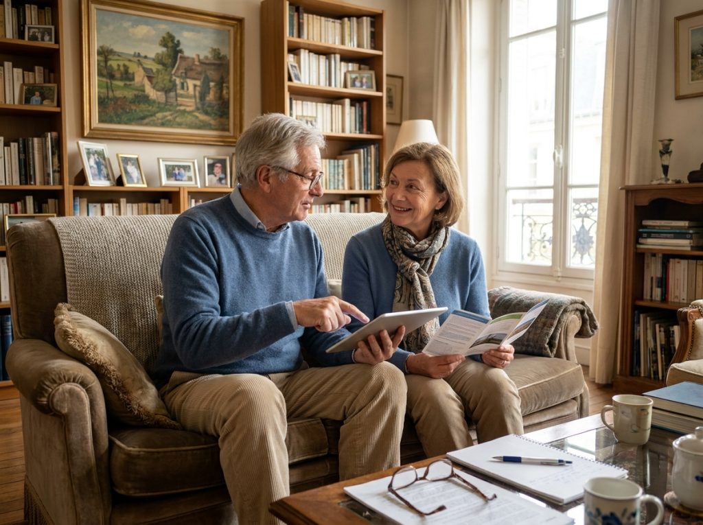Couple de seniors comparant des offres de mutuelle santé sur tablette dans leur salon