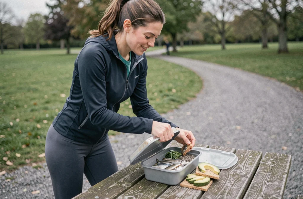 Coureuse préparant un repas riche en oméga 3 avec sardines et avocat dans un parc pendant une pause d'entraînement