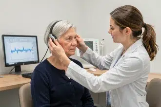 Une femme âgée de 70 ans lors d'un test auditif dans un cabinet d'audiologie moderne avec une audiologiste