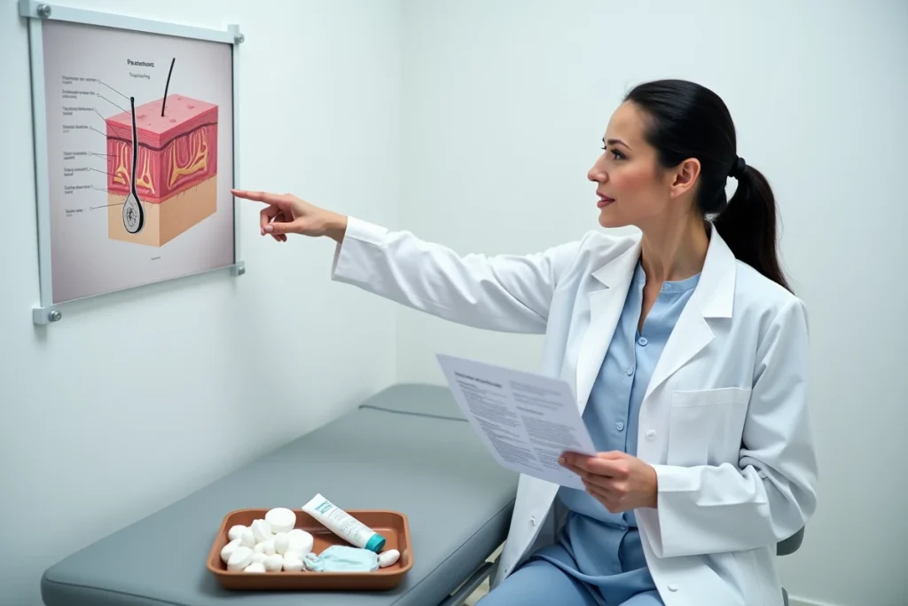 Dermatologue expliquant les erreurs de traitement de la verrue séborrhéique devant un schéma anatomique dans un cabinet médical