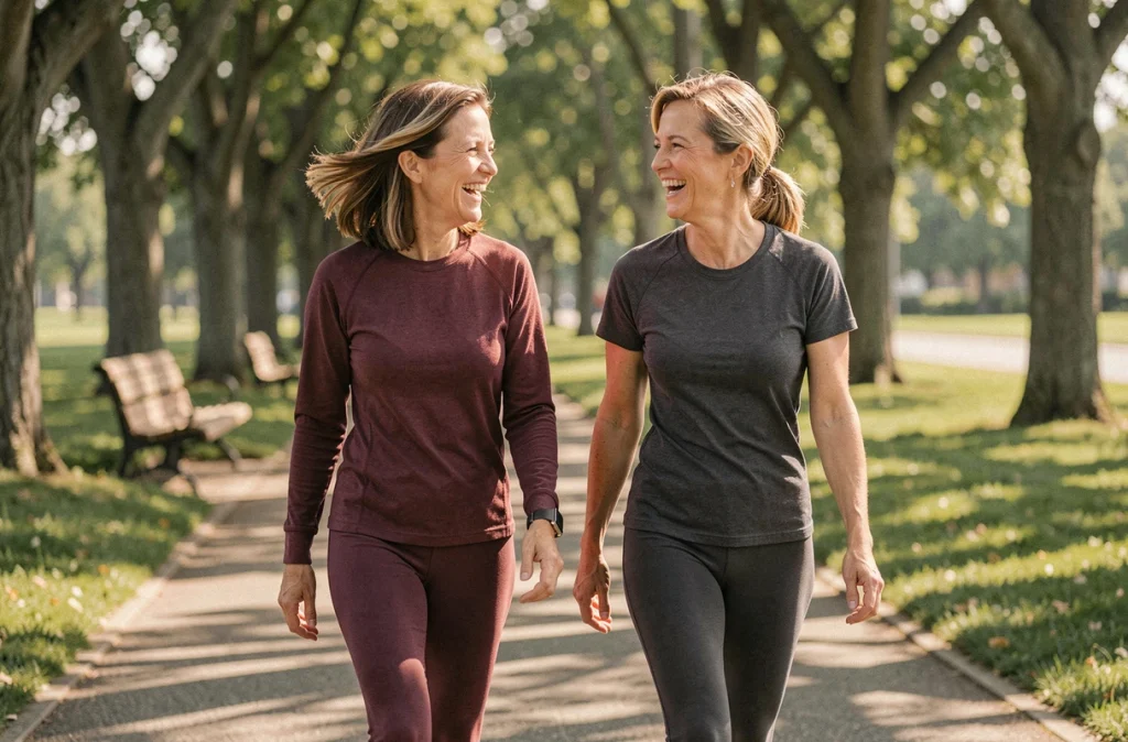 Deux femmes marchant ensemble dans un parc urbain dans le cadre d'une routine de perte de poids