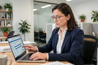 Professionnelle en blazer marine consultant un devis d'assurance RC sur son ordinateur portable dans un bureau moderne