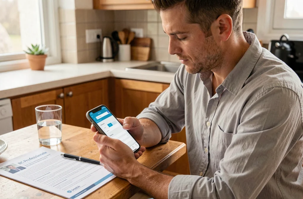 Travailleur indépendant remplissant une demande de devis d'assurance responsabilité civile professionnelle sur smartphone depuis son domicile