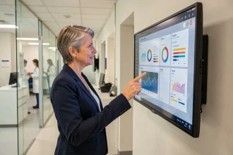 Directrice d'hôpital analysant des tableaux de bord de gestion des risques sur un écran numérique dans un bureau administratif moderne