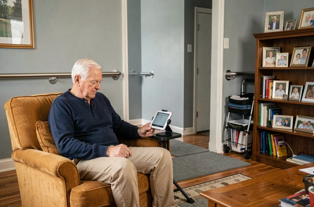 Personne âgée utilisant un dispositif d'alerte médicale dans un logement aménagé pour vieillir chez soi