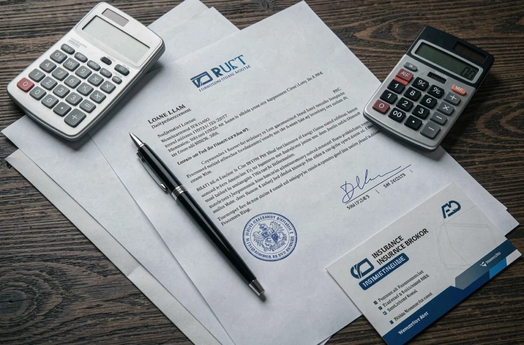 Vue aérienne d'un bureau professionnel avec contrat de prêt garanti par l'État, stylo et documents d'assurance emprunteur