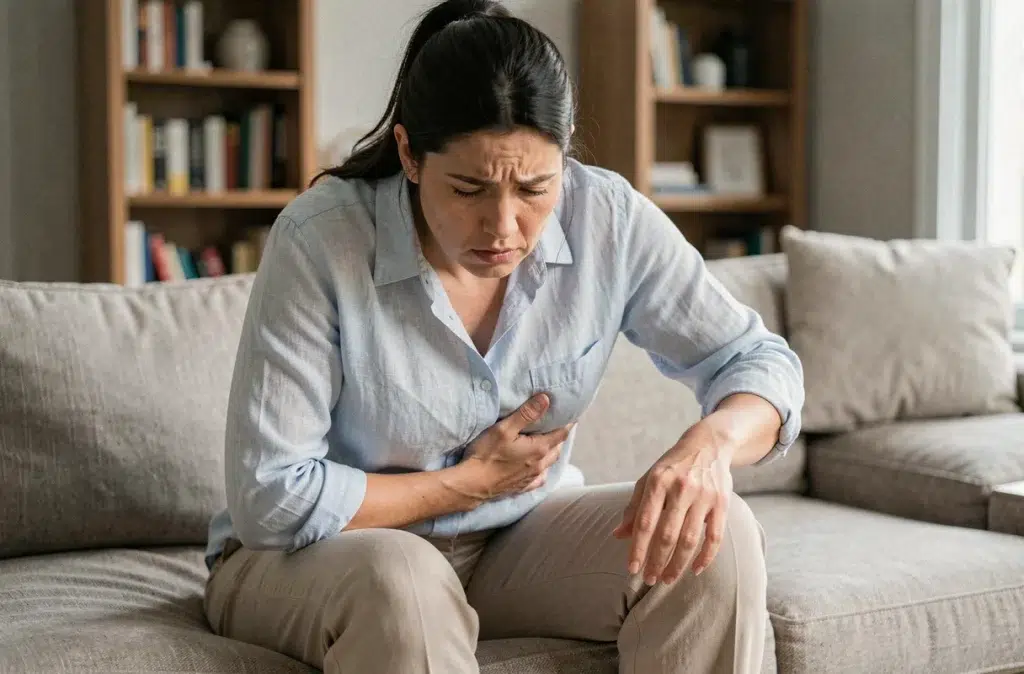 Femme assise sur un canapé tenant son côté droit douloureux avec une expression préoccupée, douleur abdominale soudaine