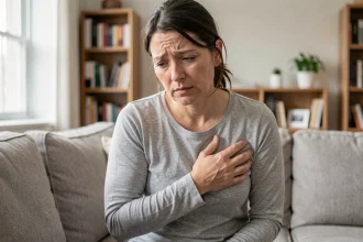 Femme tenant son côté droit sous les côtes, exprimant une douleur abdominale assise dans un salon