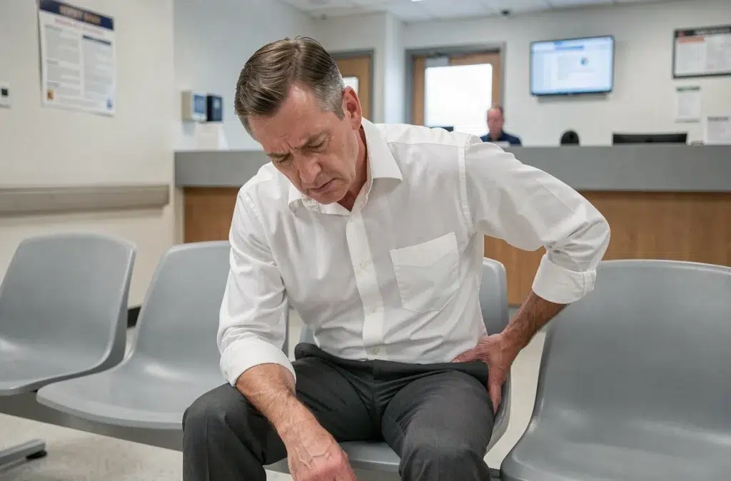Homme d'âge mûr en salle d'attente d'hôpital se tenant le côté droit, attendant une consultation médicale pour une douleur soudaine