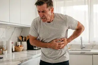 Homme adulte se tenant le côté droit de douleur dans une cuisine moderne, expression de douleur soudaine et intense
